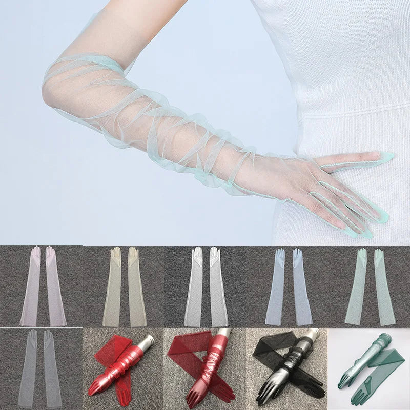 Elegant Elbow-Length Sheer Tulle Gloves for Weddings and Costume Parties.