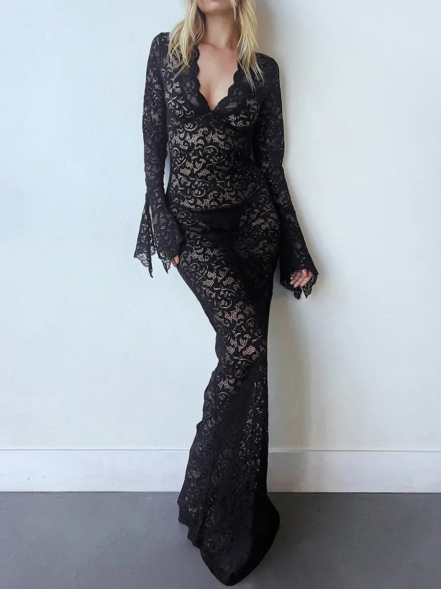 Women Long Fitted Dress Long Sleeve V Neck See-though Evening Dress Lace Floral Party Dress.