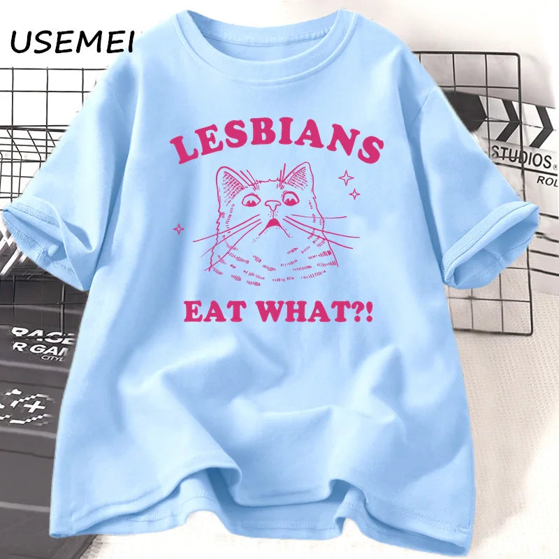 LGBT Lesbians Eat What Cat T Shirts Funny Gay Pride T-Shirts LGBTQ 90s Cat Lover Graphic T Shirts Aesthetic Women's Clothing Top.