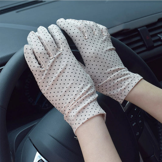 Fashionable Women's Spandex Driving Gloves for Summer Sunscreen Protection with Dots Design.