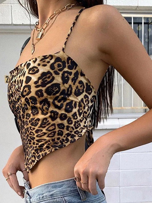 Leopard Pattern Women Tank Tops Backless Sexy Rave Outfits Sleeveless Cross Lace Up Bralette Crop Top Summer Streetwear.