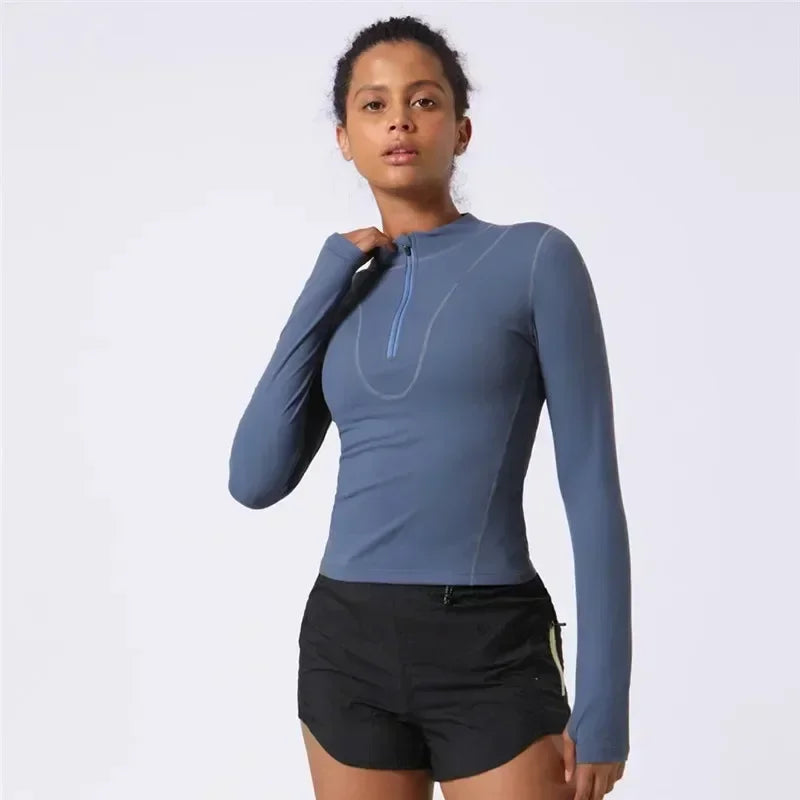 Lemon Women Fitness Long Sleeve Shirt Sports Top Slim Running Front Zip Yoga Shirt Thumb Hole Athletic Tights Running Gym Clothe.