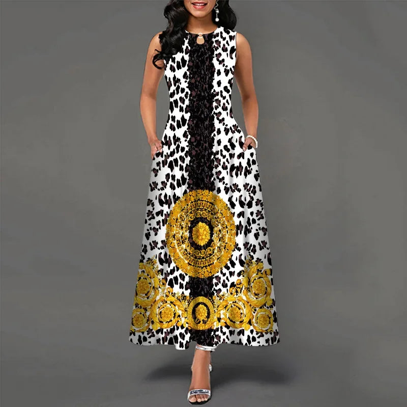 Flower Print New Casual Sleeveless Long Dress Women's V-Neck Printed Dress Swing Bohemian Retro Dresses.