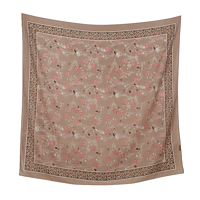 110x110cm Floral Printed Cotton Linen Scarf for Women - Versatile Neckerchief, Turban, and Headband