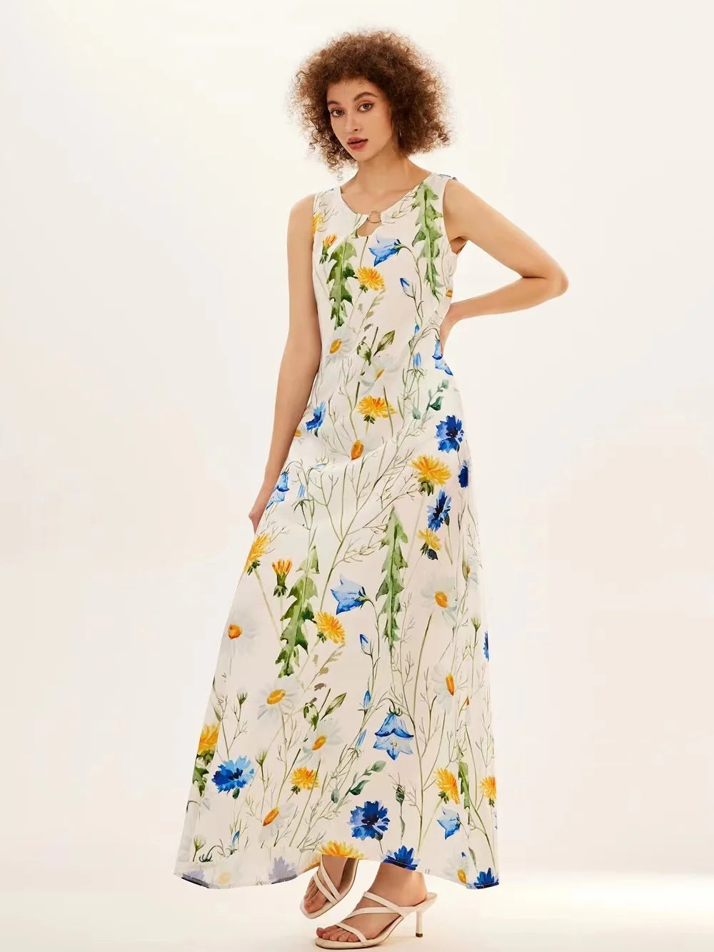 Flower Print New Casual Sleeveless Long Dress Women's V-Neck Printed Dress Swing Bohemian Retro Dresses - Elevate Your Body