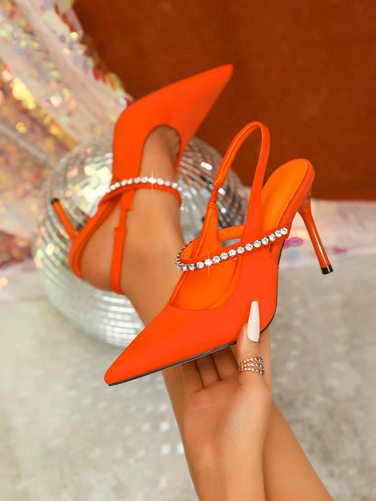 2024 Summer Fashion Orange Pump Back Strap Sandals Rhinestone Pointed Toe Slingback Shoes Brand Wedding High Heel Crystal Muless.