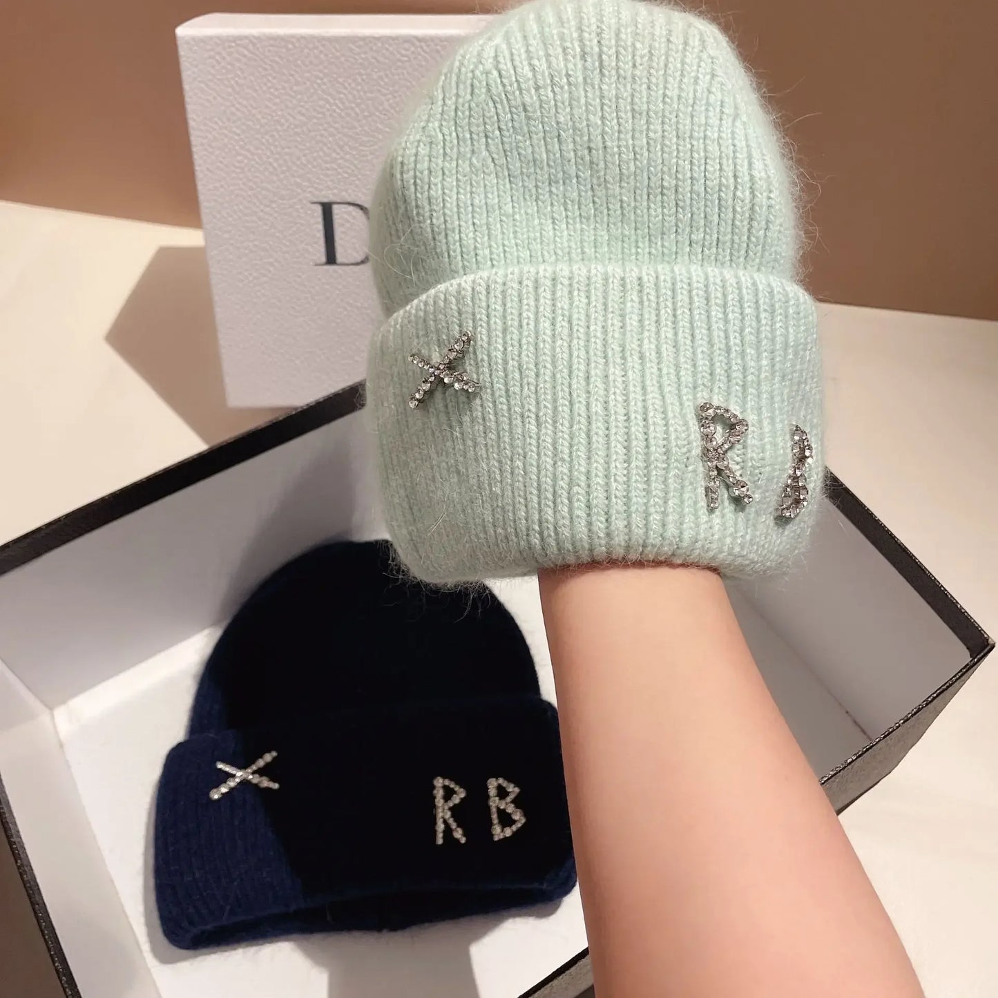 Luxury Rabbit Fur Beanie with Diamond Letters for Women - Cozy Winter Knitted Hat for Casual Outdoor Activities