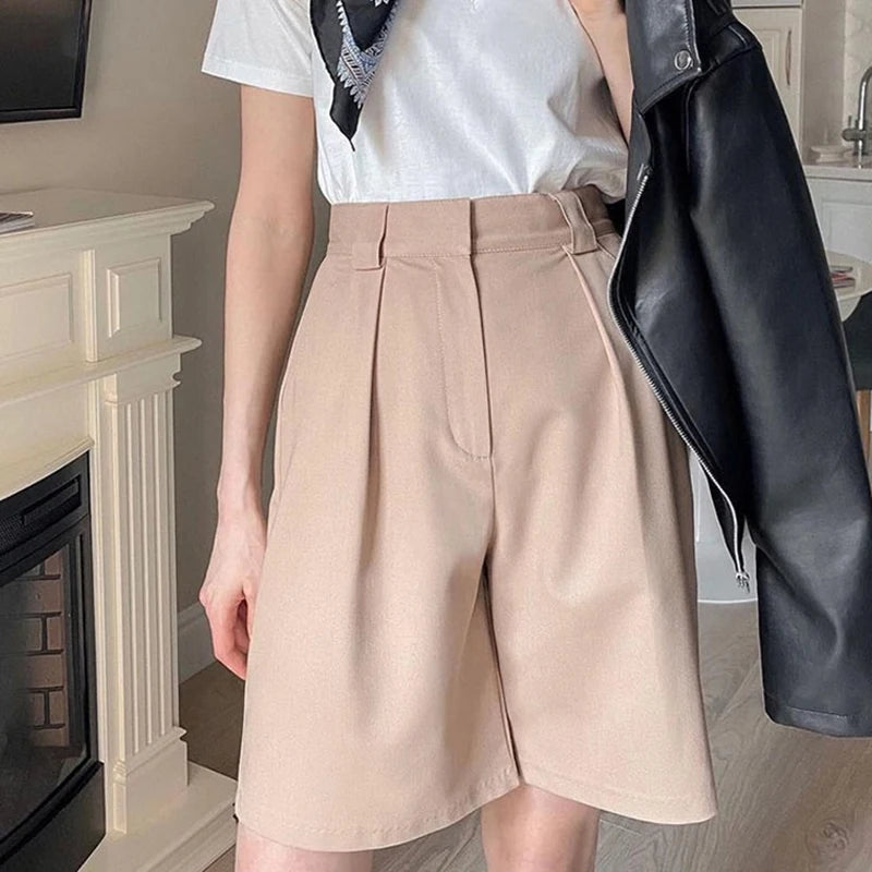 Women's Summer Shorts 2024 Long with High Waist Female Loose White Classic Knee-Length Office Wide Women's Shorts Black Candy.