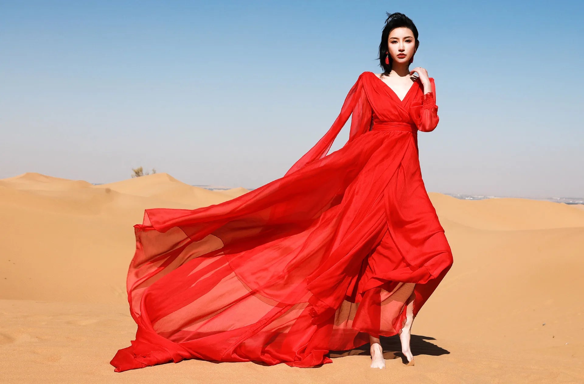 Khalee Yose Vintage Chic Boho Red Maxi Dress V-neck Long Sleeve Women Sexy Ladies Ruffles Holiday Beach Dresses Vestidos 23XXXL - Elevate Your Body