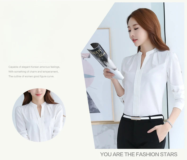 Chiffon Blouse Women Korean Fashion Women Clothing White Shirt  Long Sleeve Blouses V-neck Womens Tops Basic Shirts and Blouses.