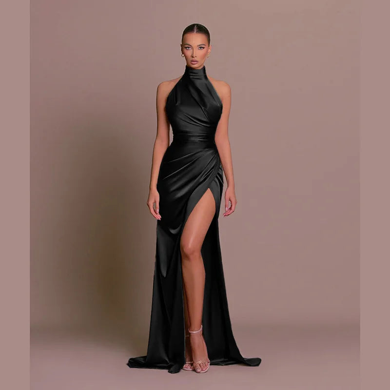 Women Elegant Long Evening Cocktail Party Dress Sexy Halter Backless Ruched High Split Bodycon Wedding Guest Bridesmaid Dress - Elevate Your Body