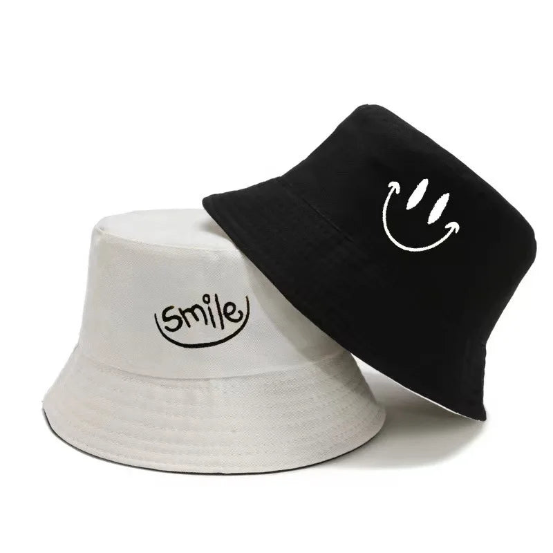 Unisex Smile Embroidered Bucket Hat - Double-Sided Cotton Corduroy Bob Cap for Beach, Fishing, and Casual Outings