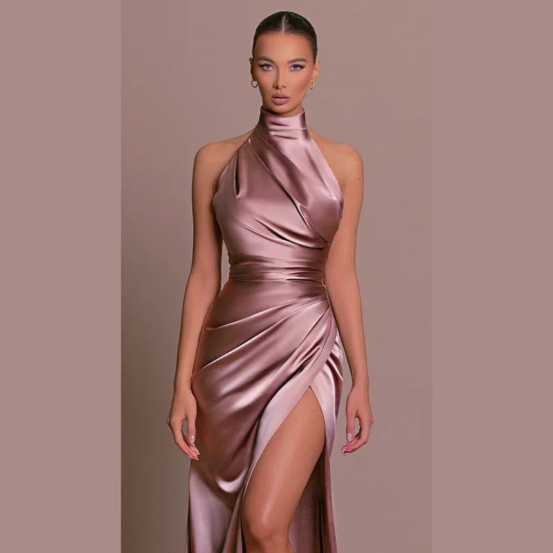 Women Elegant Long Evening Cocktail Party Dress Sexy Halter Backless Ruched High Split Bodycon Wedding Guest Bridesmaid Dress - Elevate Your Body