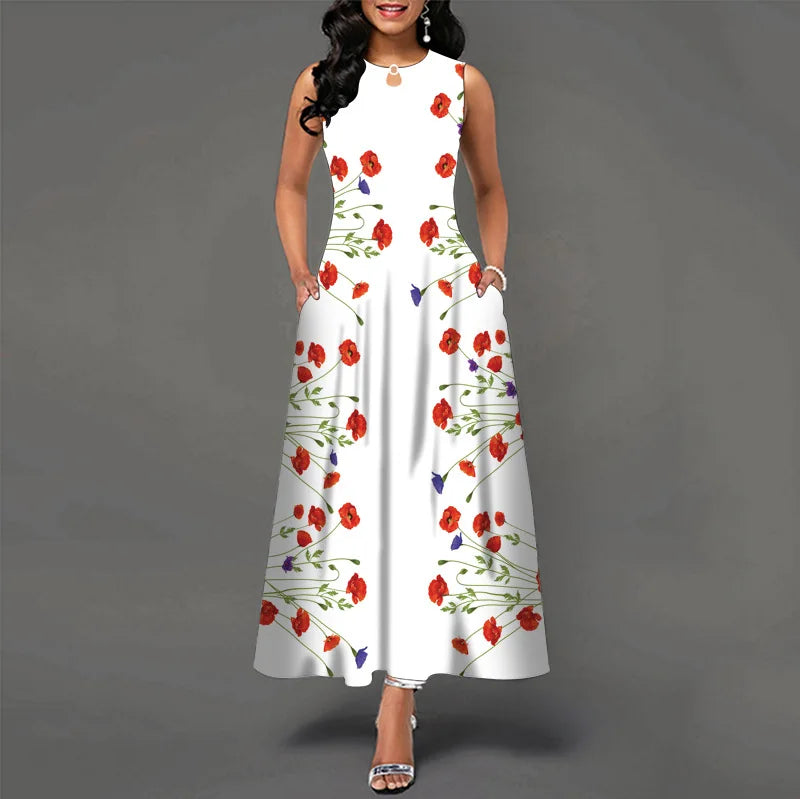 Flower Print New Casual Sleeveless Long Dress Women's V-Neck Printed Dress Swing Bohemian Retro Dresses - Elevate Your Body