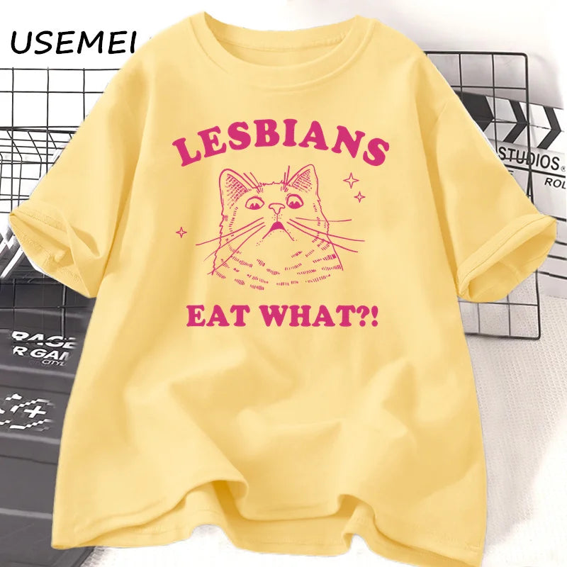 LGBT Lesbians Eat What Cat T Shirts Funny Gay Pride T-Shirts LGBTQ 90s Cat Lover Graphic T Shirts Aesthetic Women's Clothing Top.