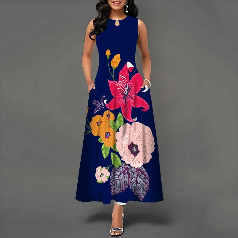 Flower Print New Casual Sleeveless Long Dress Women's V-Neck Printed Dress Swing Bohemian Retro Dresses.