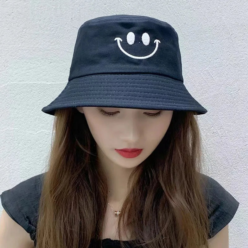 Unisex Smile Embroidered Bucket Hat - Double-Sided Cotton Corduroy Bob Cap for Beach, Fishing, and Casual Outings