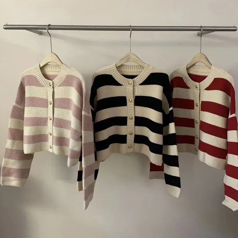 Korean fashion sweater cardigan women knitted striped sweater autumn winter long sleeve loose short cardigans female casual tops.