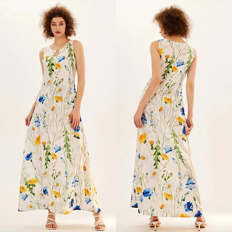 Flower Print New Casual Sleeveless Long Dress Women's V-Neck Printed Dress Swing Bohemian Retro Dresses - Elevate Your Body