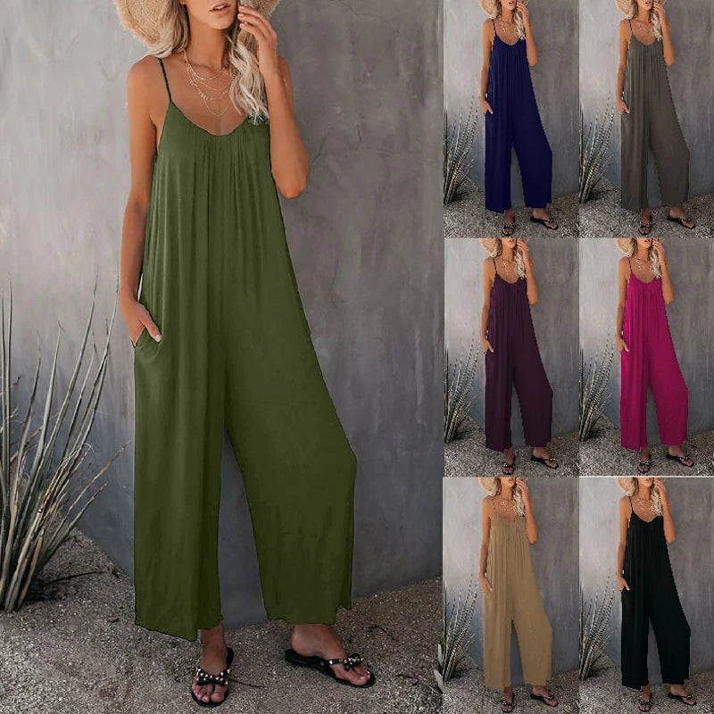 European and American Suspender  Women's 2023 Summer New Foreign Trade Tolid Color Pocket Casual Jumpsuit.