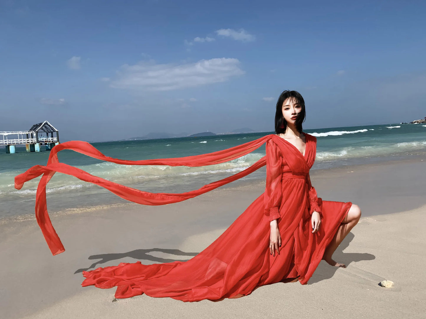 Khalee Yose Vintage Chic Boho Red Maxi Dress V-neck Long Sleeve Women Sexy Ladies Ruffles Holiday Beach Dresses Vestidos 23XXXL.