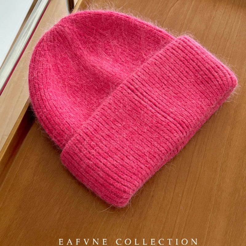 Cozy 2024 Angora Beanies for Women - Soft Knitted Rabbit Fur Winter Hat for Skiing and Cold Weather.