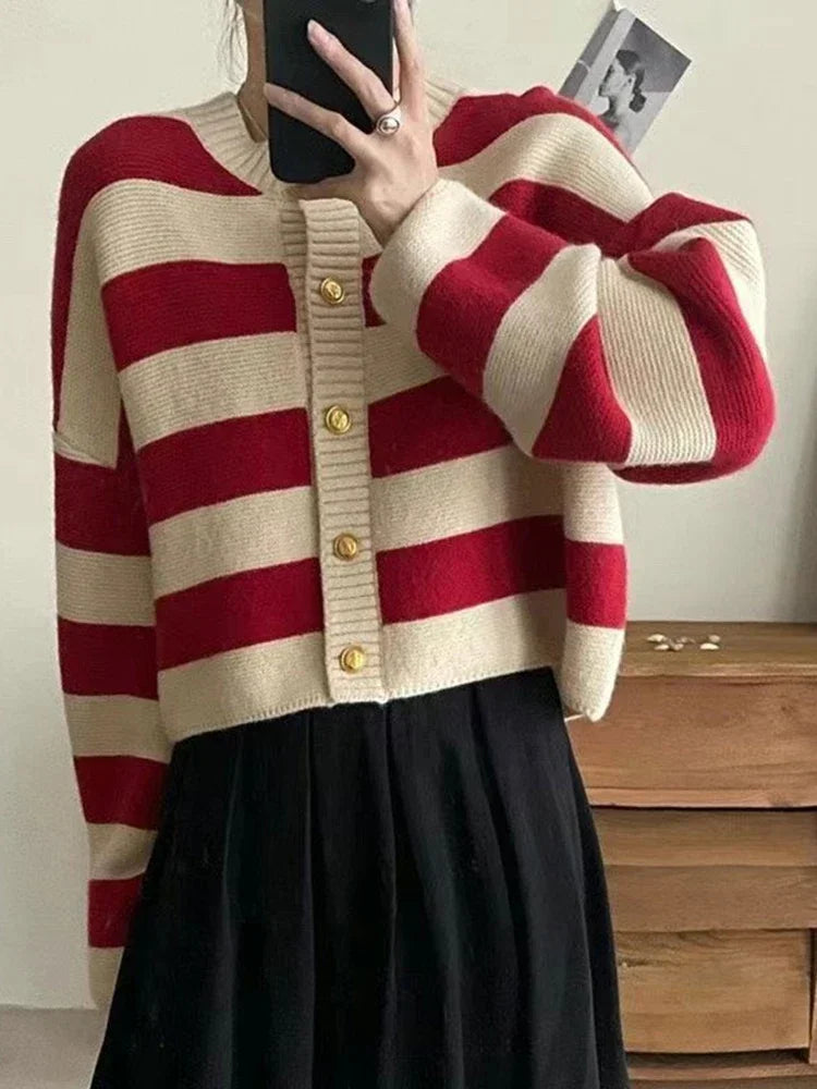 Korean fashion sweater cardigan women knitted striped sweater autumn winter long sleeve loose short cardigans female casual tops.