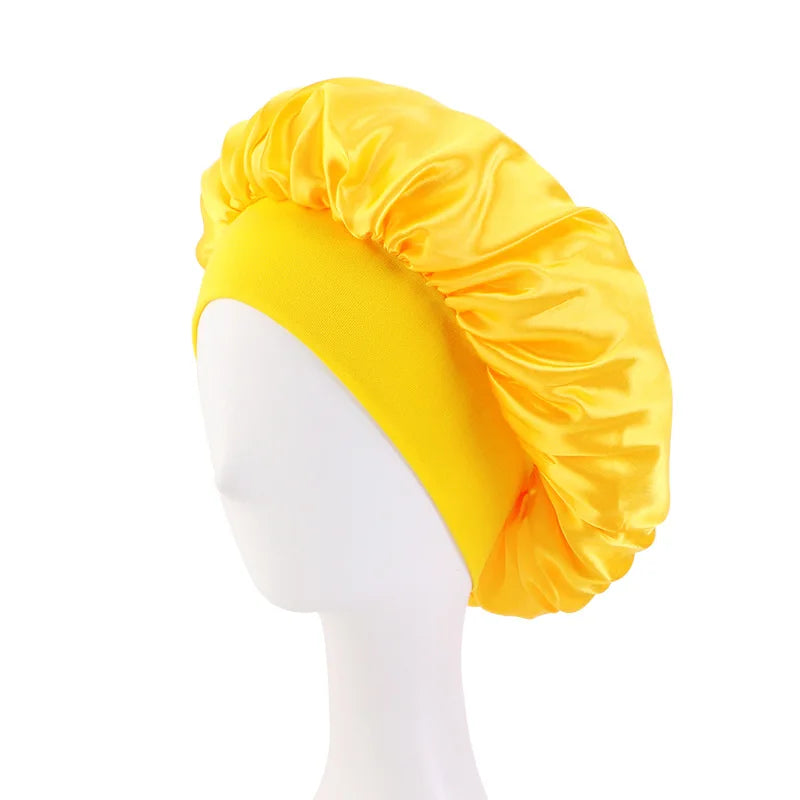 Satin Solid Wide-Brimmed Unisex Sleeping Hat - Elastic Band Hair Care Bonnet for Night Use.