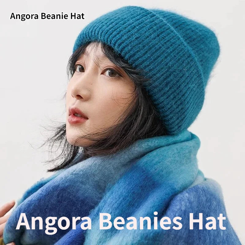 Cozy 2024 Angora Beanies for Women - Soft Knitted Rabbit Fur Winter Hat for Skiing and Cold Weather.