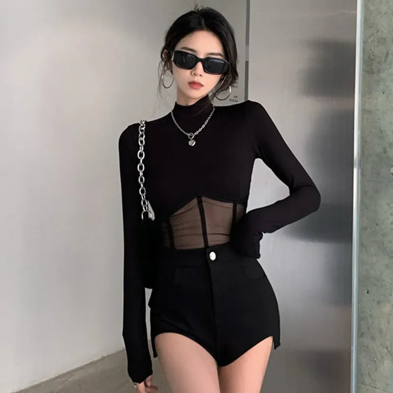 Women Summer T-shirts Sexy Transparent Mesh Crop Tops Long Sleeve Shirts Y2K Ladies Black Clubwear Skinny Slim Tees Clothes.