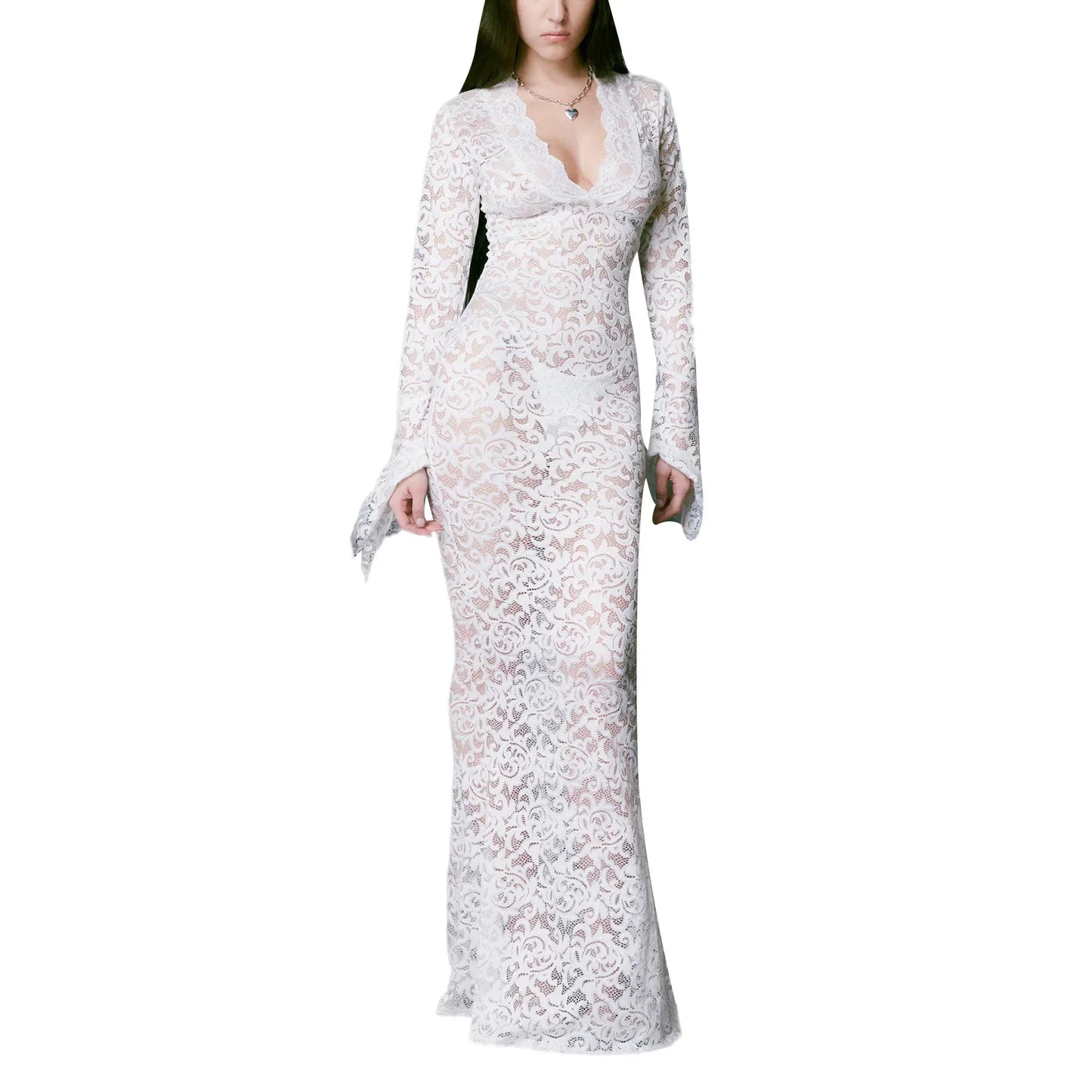 Women Long Fitted Dress Long Sleeve V Neck See-though Evening Dress Lace Floral Party Dress.