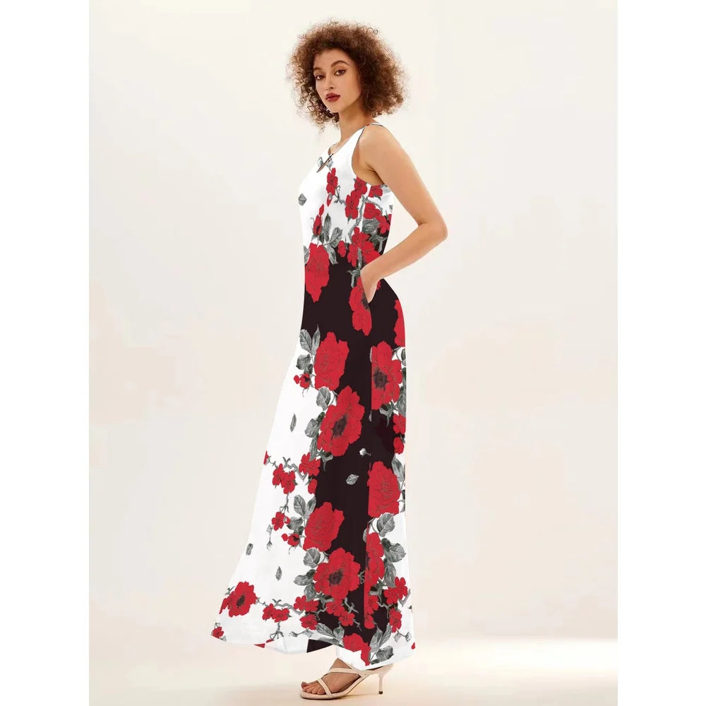 Flower Print New Casual Sleeveless Long Dress Women's V-Neck Printed Dress Swing Bohemian Retro Dresses - Elevate Your Body