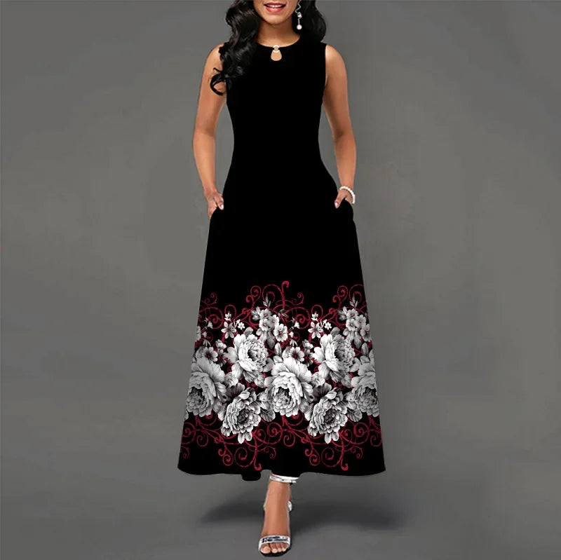 Flower Print New Casual Sleeveless Long Dress Women's V-Neck Printed Dress Swing Bohemian Retro Dresses.