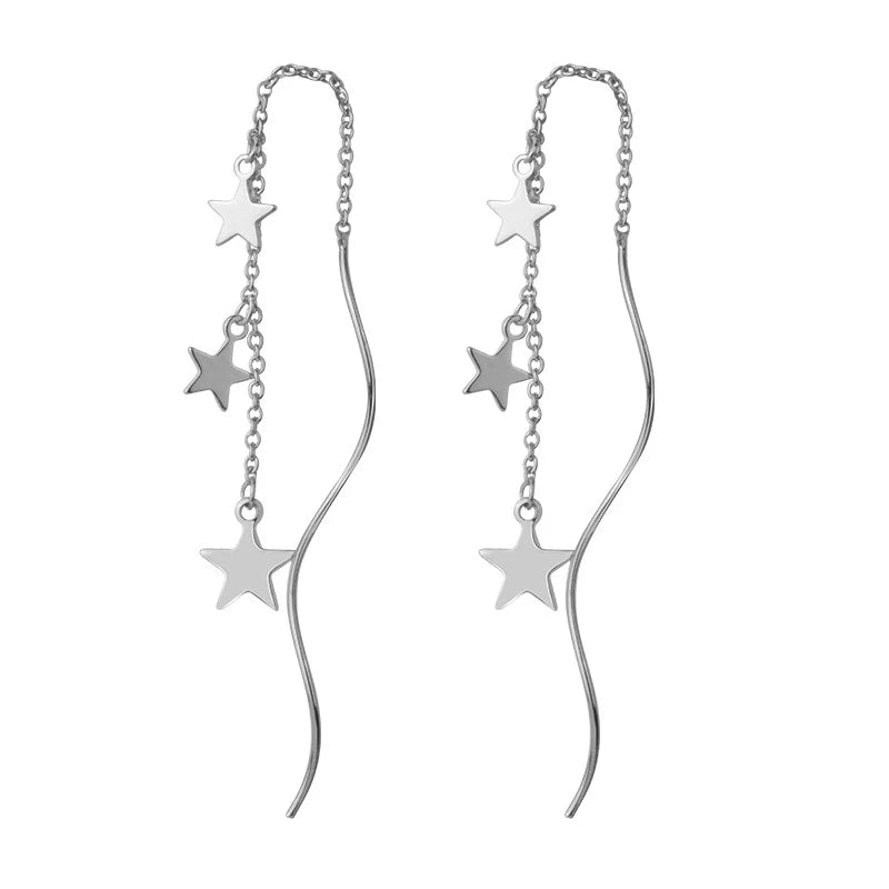 CIAXY Silver Color Earring Chain Asymmetrical Star Moon Long Tassel Earrings For Women Party Jewelry Gifts aretes de mujer.