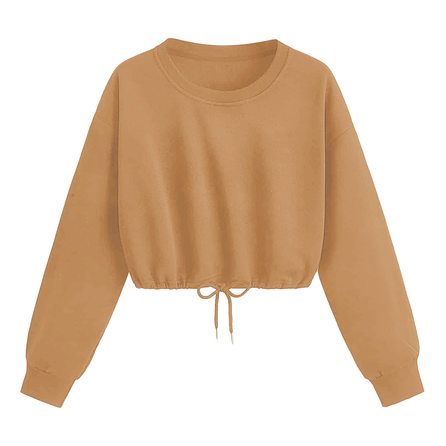 Women Long Sleeve Sweatshirt Fashion Solid Crop Top Soft Daily Loose Drawstring Hem Womens O-Neck Trendy Basic Femme Pullovers.