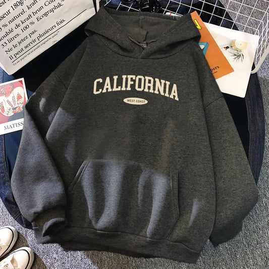 California West Coast Design Womens Hoody Hip Hop All-Match Streetwear Pocket Crewneck Clothes Fleece Comfortable Female Hoodie.