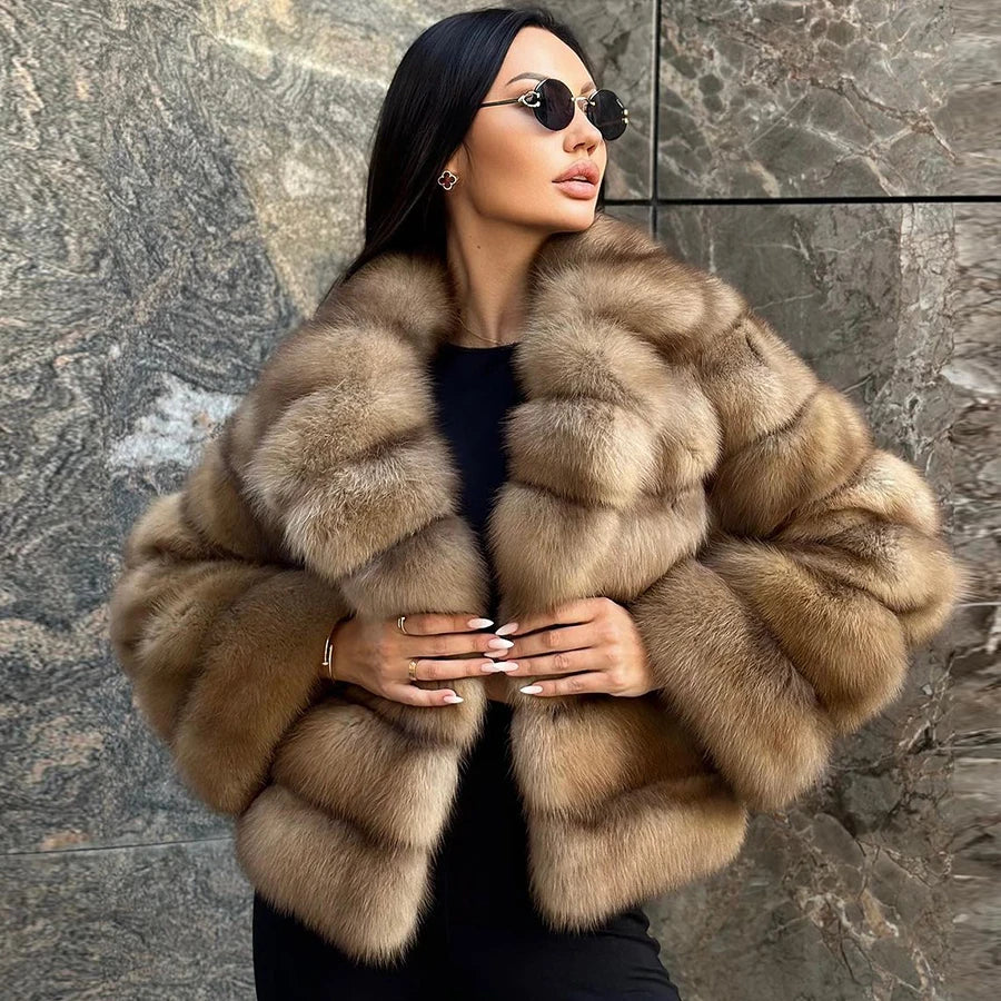 Women's Clothing Genuine Fox Fur Jacket Natural Fox Fur Fluffy Coat Lapel Luxury Brands 2024 Women Short Real Fur Coat.