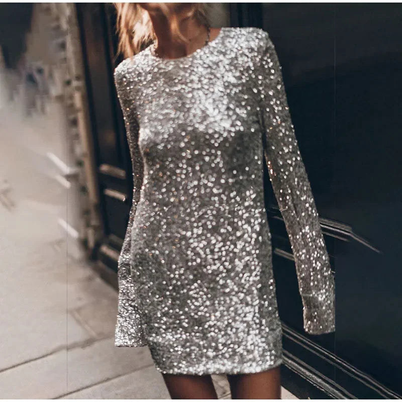 Fashion Silver Shiny Slim Fit Short Dress Women O Neck Long Sleeve Back Hollow Out Sequins Party Dresses 2024 Autumn Winter Gown.