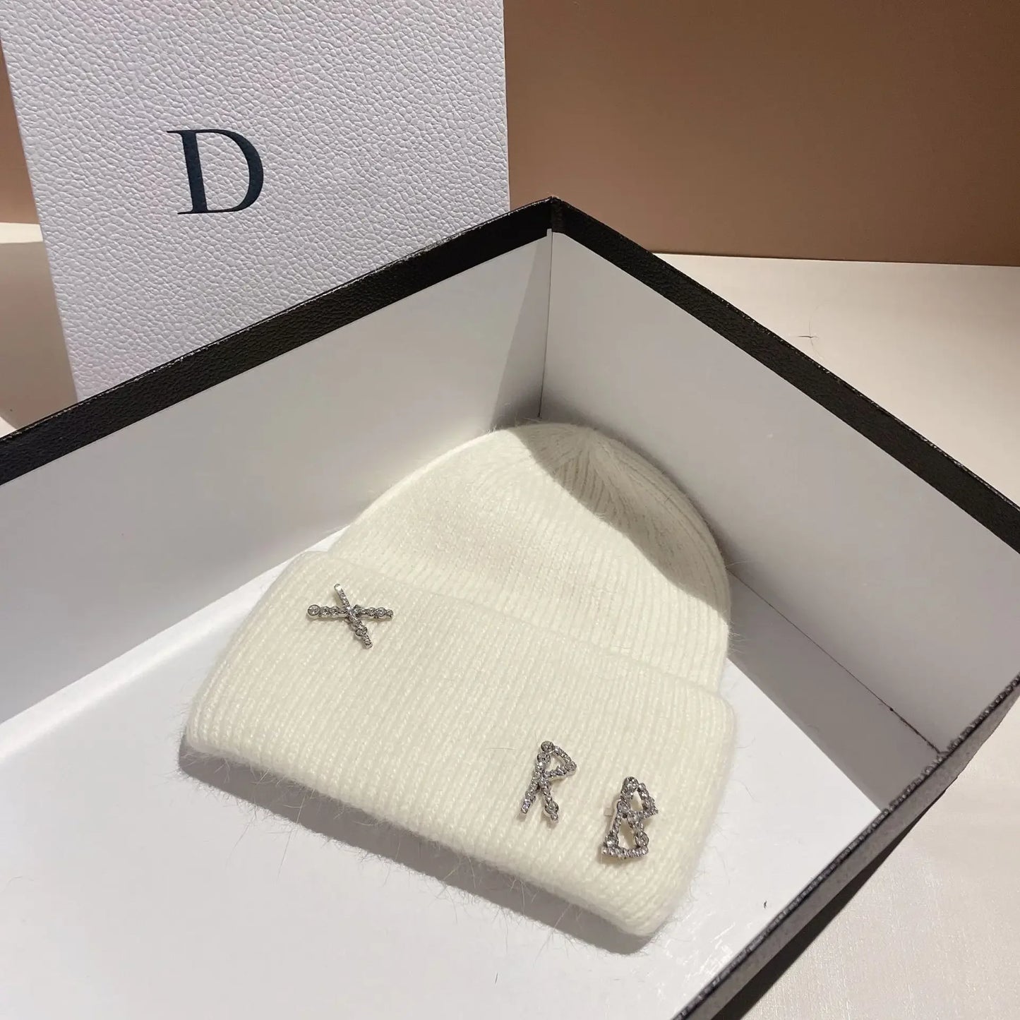 Luxury Rabbit Fur Beanie with Diamond Letters for Women - Cozy Winter Knitted Hat for Casual Outdoor Activities.