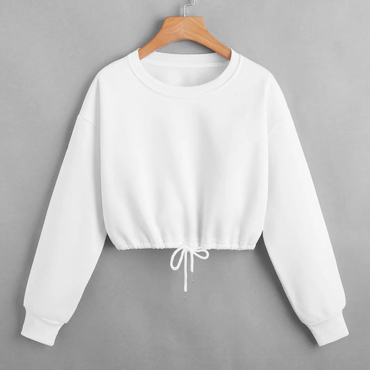 Women Long Sleeve Sweatshirt Fashion Solid Crop Top Soft Daily Loose Drawstring Hem Womens O-Neck Trendy Basic Femme Pullovers.