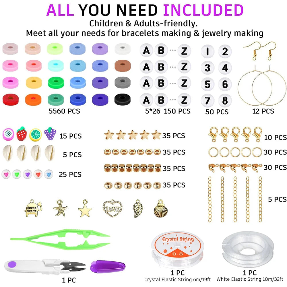 6000 Clay Beads Braceletmaking Kit 24 Colors Flat Beadsfor Friendship Bracelet Polymer Claybeads Charms Jewelry Makingcraft Gift.