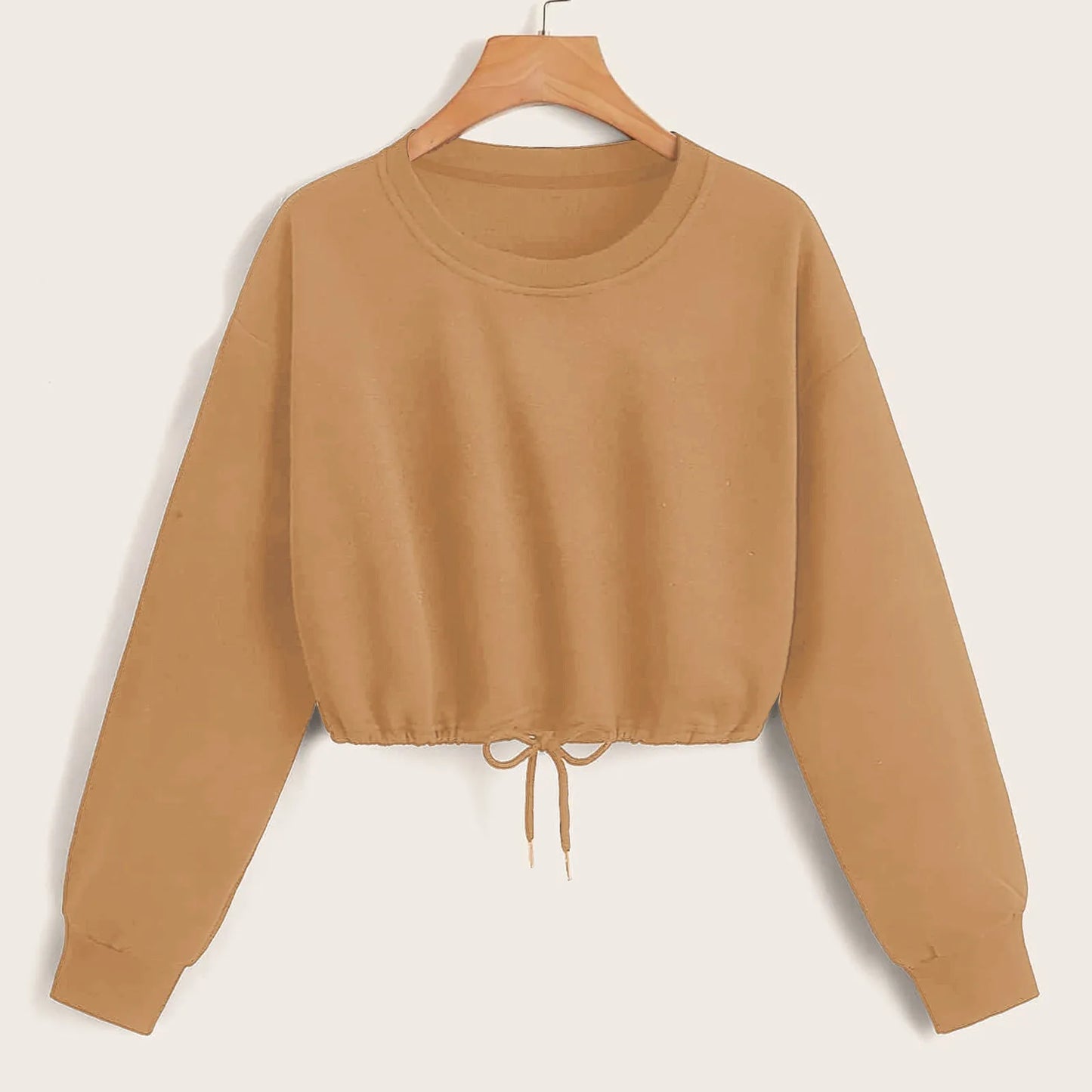 Women Long Sleeve Sweatshirt Fashion Solid Crop Top Soft Daily Loose Drawstring Hem Womens O-Neck Trendy Basic Femme Pullovers.