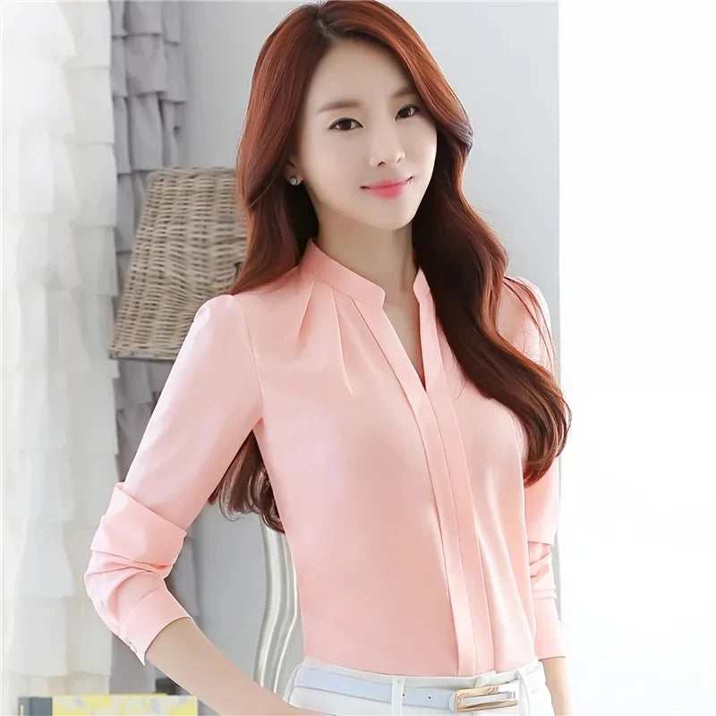 Chiffon Blouse Women Korean Fashion Women Clothing White Shirt  Long Sleeve Blouses V-neck Womens Tops Basic Shirts and Blouses.