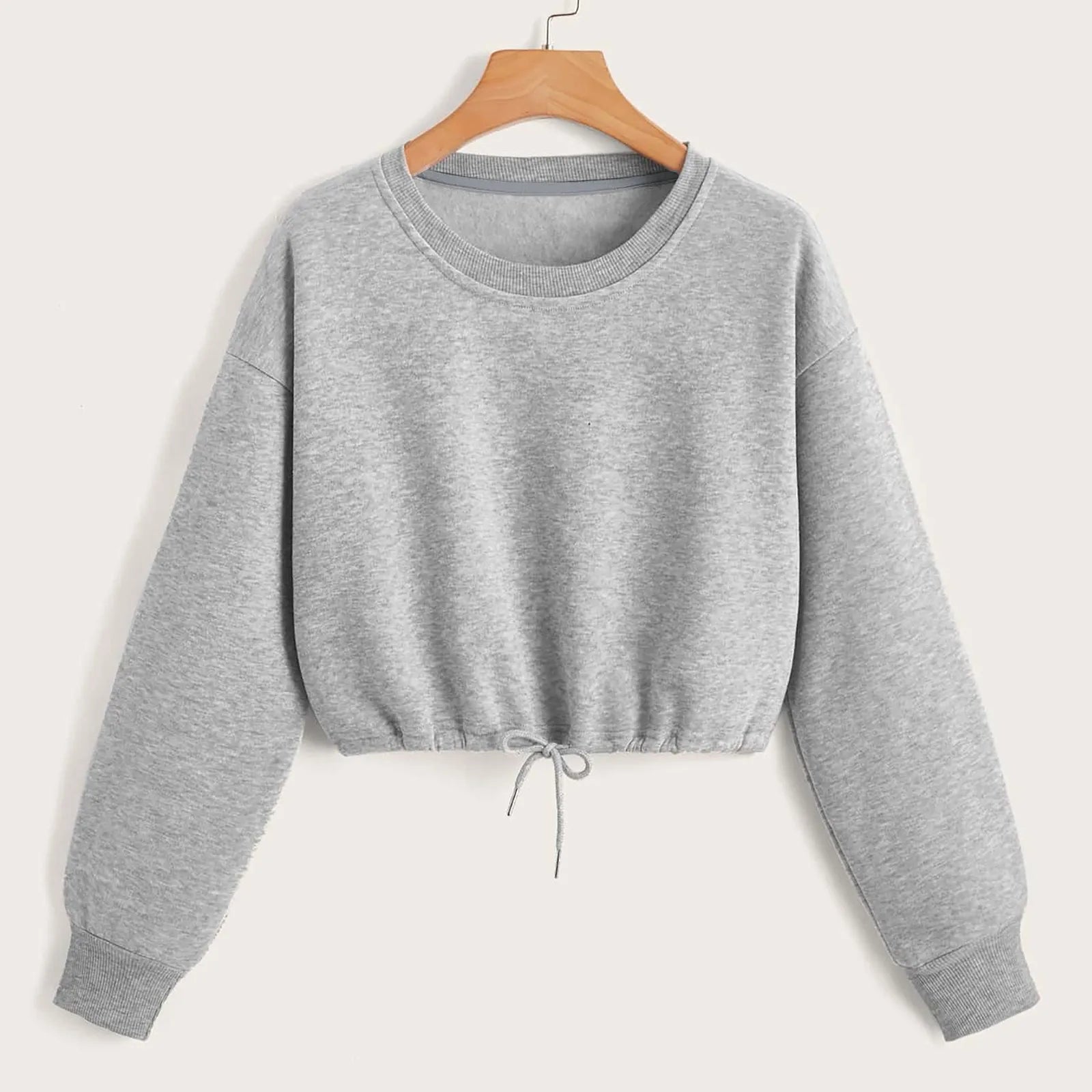 Women Long Sleeve Sweatshirt Fashion Solid Crop Top Soft Daily Loose Drawstring Hem Womens O-Neck Trendy Basic Femme Pullovers.