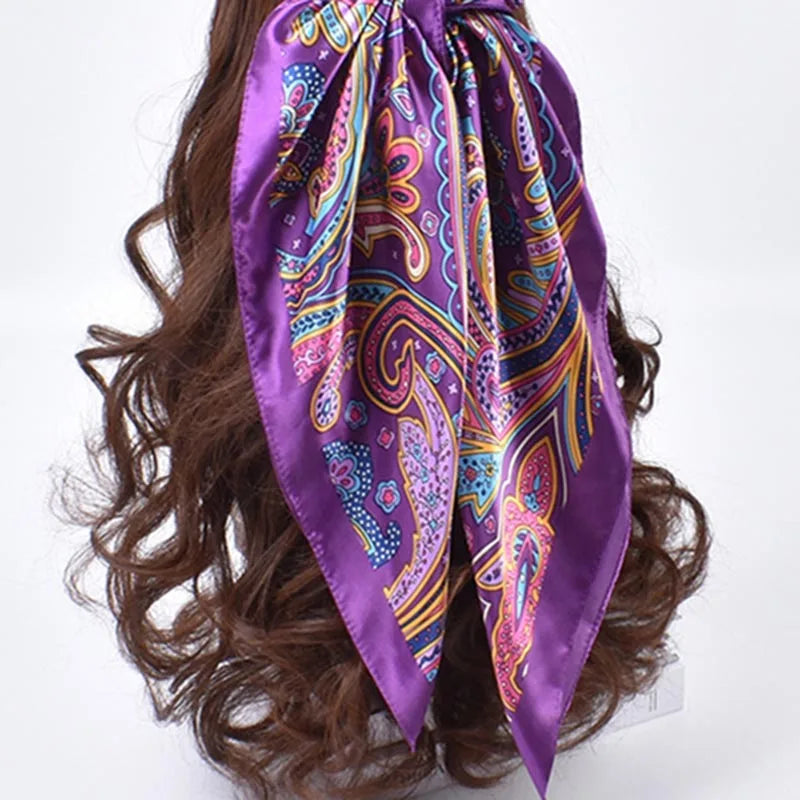 Versatile Cashew Satin Large Square Scarf with Fashion Stripes for Women - Trendy and Personalized Design.