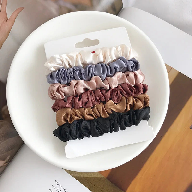 6-Pack Stylish Silk-Like Hair Scrunchies for Women - Solid Color Elastic Ponytail Holders and Accessories.