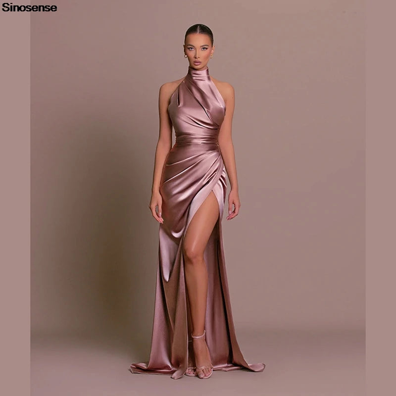 Women Elegant Long Evening Cocktail Party Dress Sexy Halter Backless Ruched High Split Bodycon Wedding Guest Bridesmaid Dress.