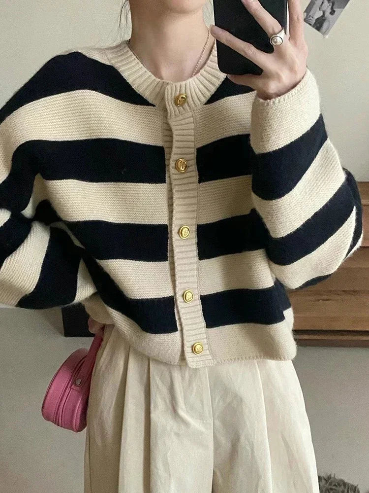 Korean fashion sweater cardigan women knitted striped sweater autumn winter long sleeve loose short cardigans female casual tops.