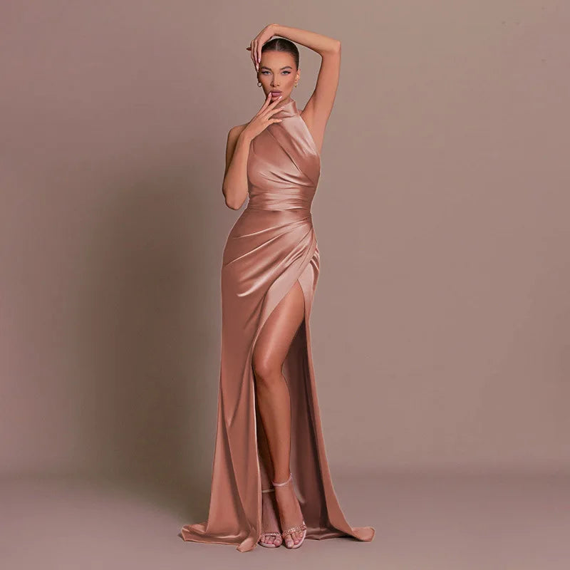 Women Elegant Long Evening Cocktail Party Dress Sexy Halter Backless Ruched High Split Bodycon Wedding Guest Bridesmaid Dress.