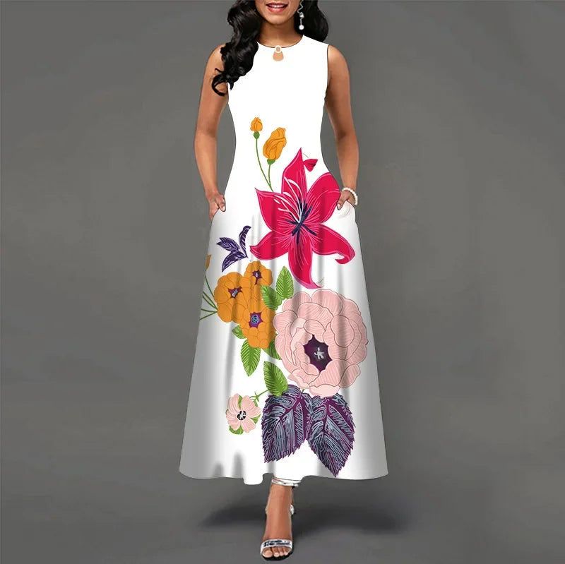 Flower Print New Casual Sleeveless Long Dress Women's V-Neck Printed Dress Swing Bohemian Retro Dresses.